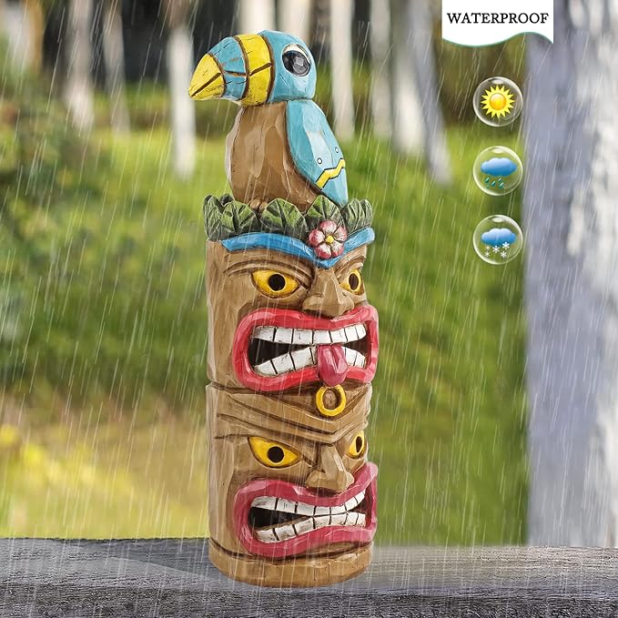 Tiki Totem Pole-Solar Tiki Statue Head Decor - 12.32 inch Tall Tiki Decorations for Tiki Bar Outdoor Patio Balcony Yard Backyard