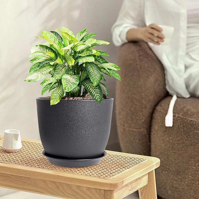 12/10/9 inch Big Flower Pots, 3 Pack Modern Decorative Plastic Planters with Drainage Holes and Tray, Plant Pots for Indoor Outdoor Plants, Black