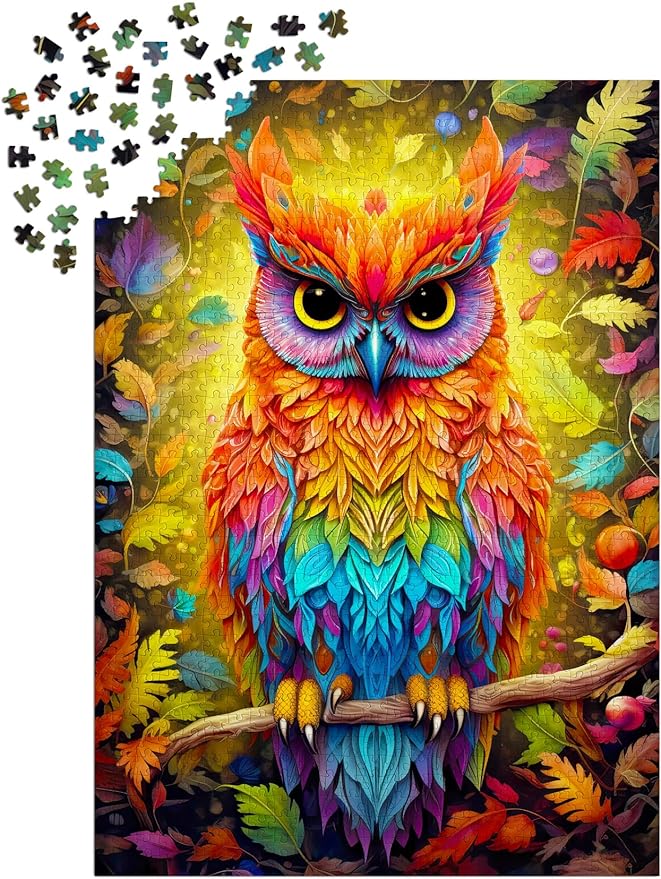 Rainbow Forest Owl in Autumn Leaves Tree – 1000 Pieces Jigsaw Puzzle for Adults – Matte Finish, Soft Touch, Easy to Assemble, Tight Fit, Vivid Colors, Missing Pieces Service