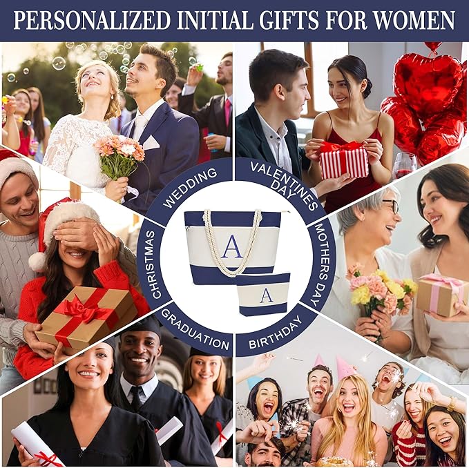 YOOLIFE Beach Bags for Women - Initial Tote Waterproof Bag with Makeup Bag, Mothers Day Gifts for Women Mom Friend Birthday