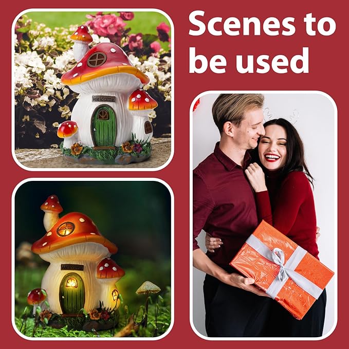 Mushroom House Garden Statue Outdoor, Solar Light Mushroom House Garden Figurines for Lawn, Balcony, Yard Decoration, Outdoor Garden Decoration