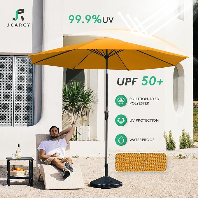JEAREY 10FT Outdoor Patio Umbrella Outdoor Table Umbrella with Push Button Tilt and Crank, Market Umbrella 8 Sturdy Ribs UV Protection Waterproof for Pool, Garden (Light Orange)