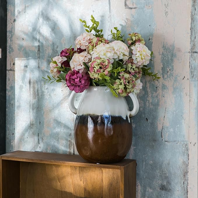 Multi Gradient Ceramic Vase with 2 Handles, Modern Farmhouse Decor, Rustic Terracotta Pottery, Decorative Flower Vases, Clay Small Vase, Centerpiece for Dining Table - 7 Inch Tall