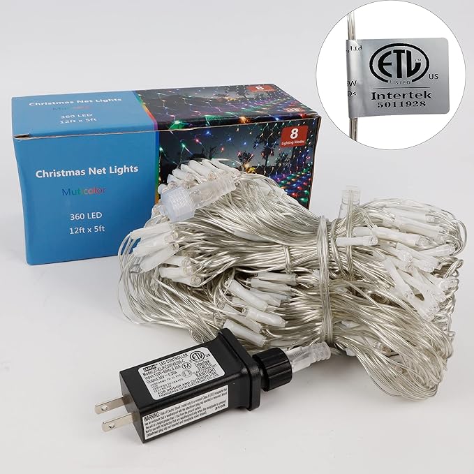 WATERGLIDE Outdoor Christmas Net Lights, 12FT x 5FT 360 LED Mesh String Light with 8 Lighting Modes, Connectable Light for Garden Tree Bushes, Holiday Wedding Party Decorations, Multicolor