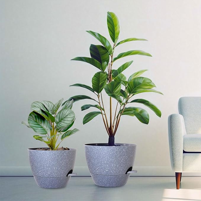 Big Self Watering Pots 12/10/9 inch, Planter, Plant Pots with Mesh Drainage Holes for Indoor Outdoor Garden Plants, Plastic Flower Pots with Removable Deep Reservoir, Speckled Grey