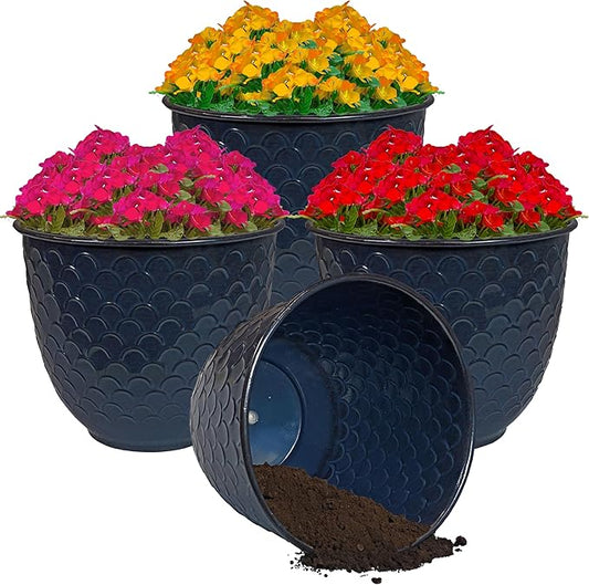 Sunnydaze Dinah 12.5" Metal Outdoor Plant Pot Set with Drainage Holes and Rubber Plugs - Navy Glaze - Set of 4
