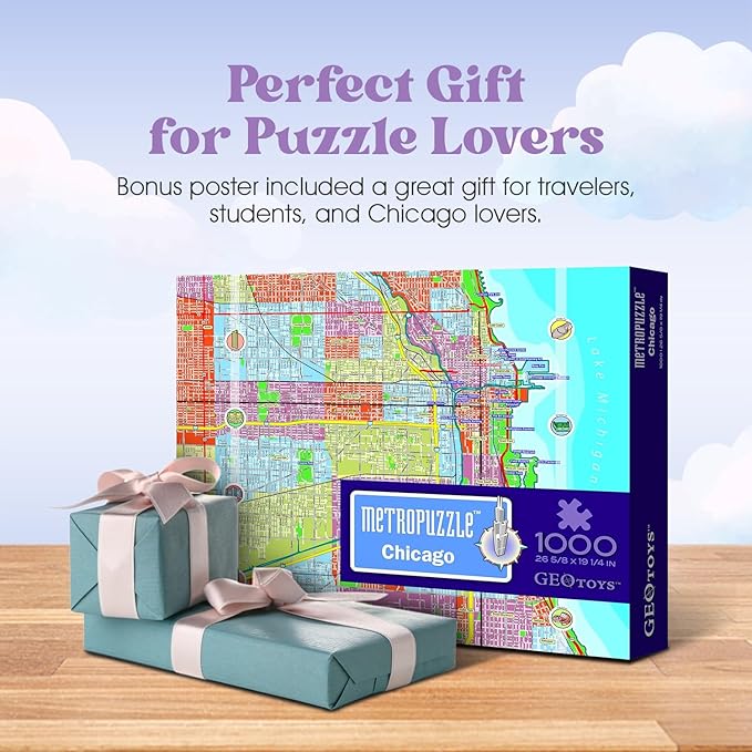 GeoToys Metropuzzle, Chicago Jigsaw Puzzles 1000 Pieces - 27 x 19 Detailed Chicago Geography Puzzle, Challenging Adult Puzzle, Fun Puzzles for Adults, Map Poster Included for Adults
