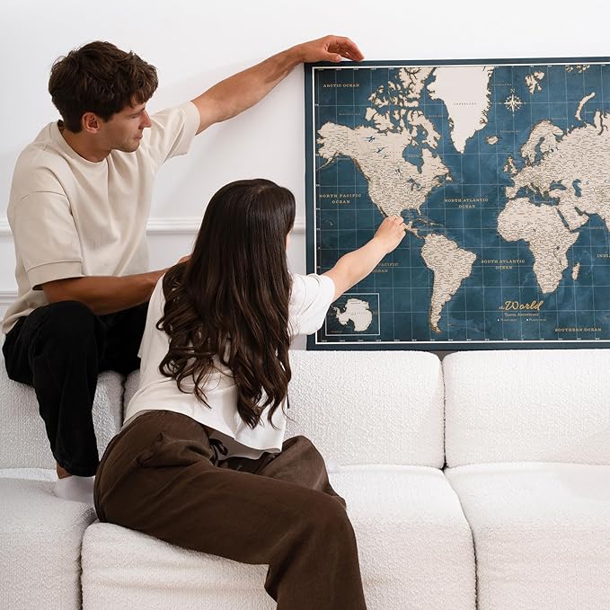 Canvas World Map with Cork Pin Board - English Lettering - Decorative Wall Decoration for All Rooms - Canvas Pictures with World Map Motif (70x50 cm, Pattern 19)