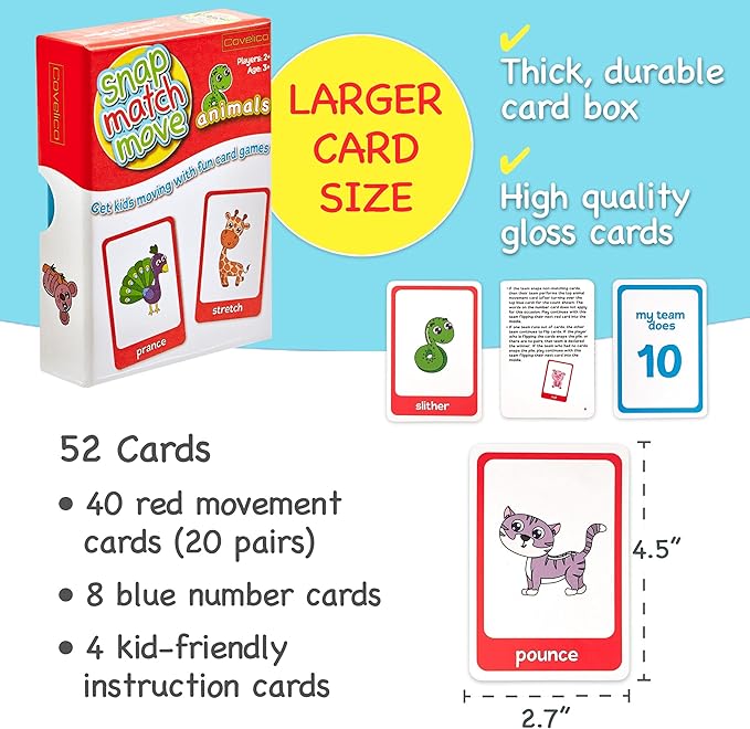 Animal Movement Cards, Exercise Cards for Kids - Play Fun Animal Matching Game - Snap, Memory, Matching & Go Fish. Movement Flash Cards for Home, Recess, & School Physical Education Equipment
