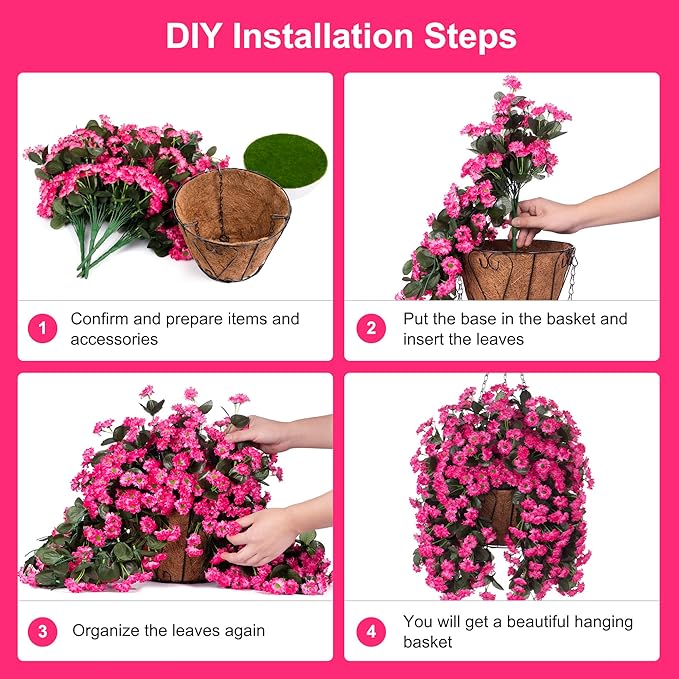 Hanging Baskets Artificial Flowers for Outdoor Interior Decor, Artificial Daisies Flowers Shrubs Plants with Baskets for Home Porch Garden Patio Patio Spring Summer Decor(Pink)
