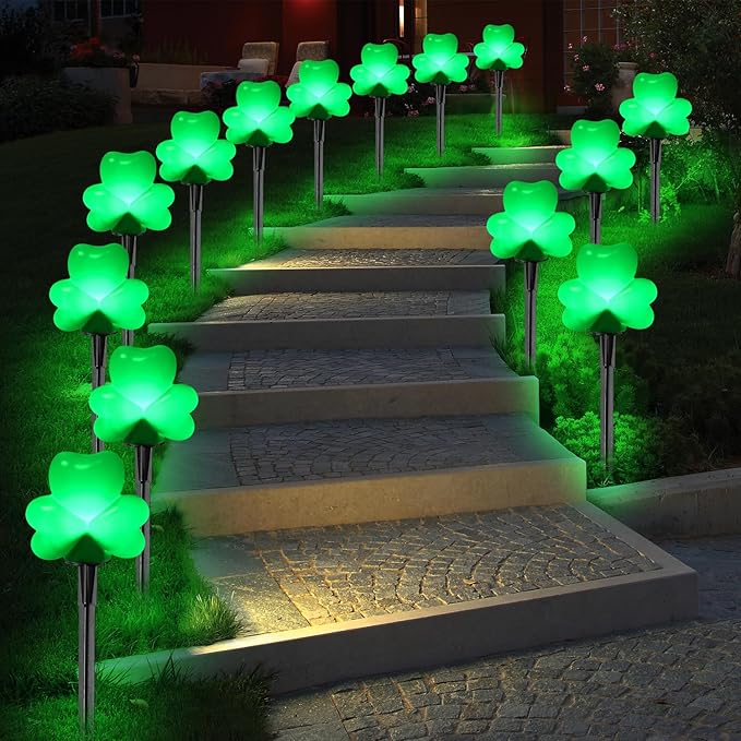 2 Sets 4 Pack St. Patricks Green Shamrock Pathway Lights Outdoor for St. Patricks Day Decorations, C7 LED Green Lucky Clover Garden Lights Waterproof, UL Certified for Lawn Yard Walkway Decor, Plug In