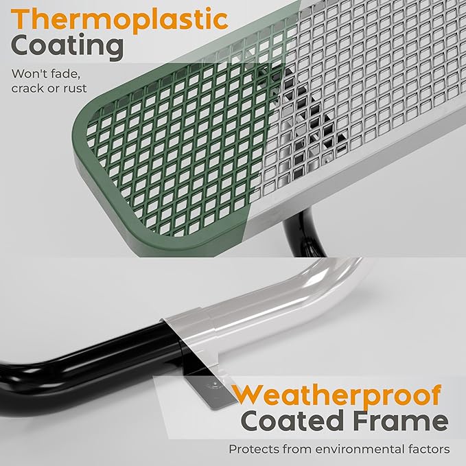 Metal Picnic Tables for Outdoors with Umbrella Hole - Coated Steel Heavy Duty Commercial Grade Table with Adjustable Seats (Green, 46 in, Square, Expanded Steel)