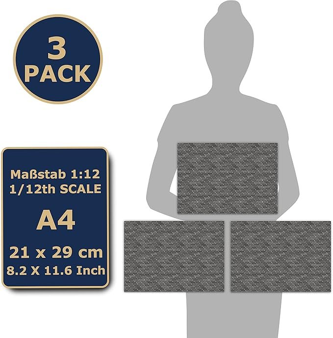 3 Sheets Self-Adhesive Wall Cladding for Dollhouse 1:12 Scale (Black Bricks)