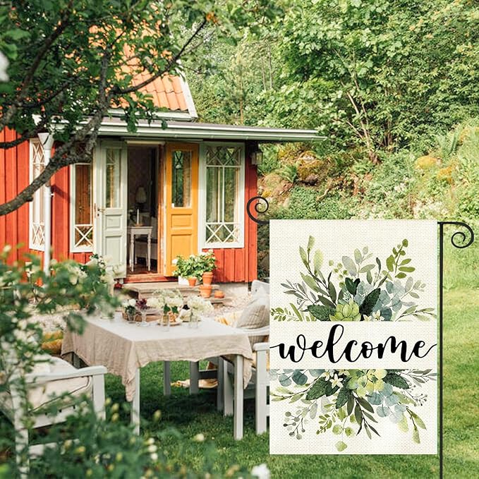 Spring Floral Welcome Garden Flag 12x18 Inch Double Sided Outside, Eucalyptus Seasonal Farmhouse Yard Outdoor Flag
