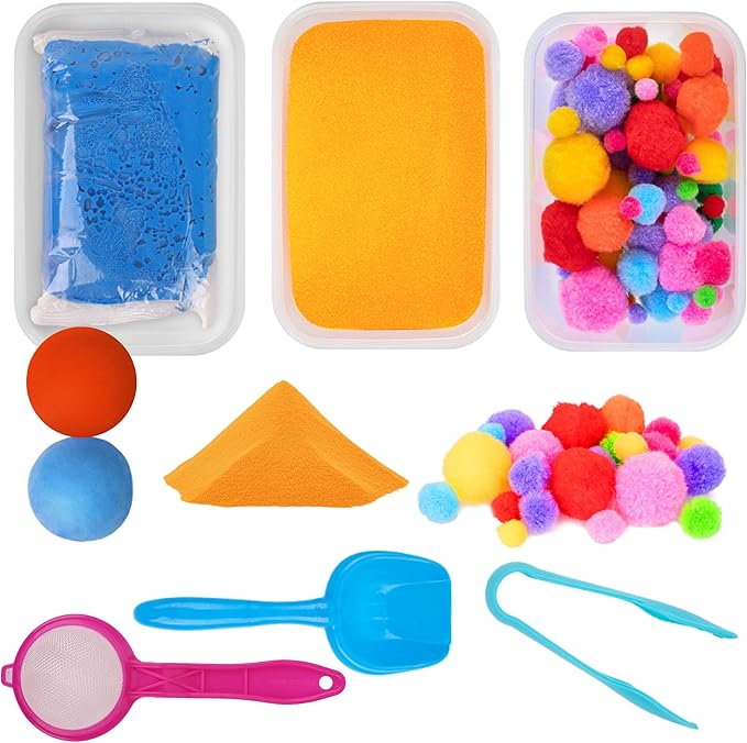 Sensory Kit for Toddlers and Kids - Includes 3 Bins with Lids, Play Tools, Sand, Feathers, Clay, Color Beads and Pom Poms Kids Box Fillers (Starter Set)