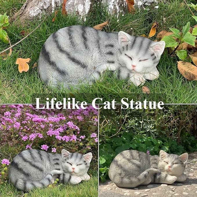Cat Figurines Outdoor Statue Garden Decor, Cat Statue Garden Statues Outdoor Clearance for Patio, Lawn Decoration, 11.5" Larger Grey Sleeping Cat Statue for Indoor Table Accessory, Cat Gift for Mom
