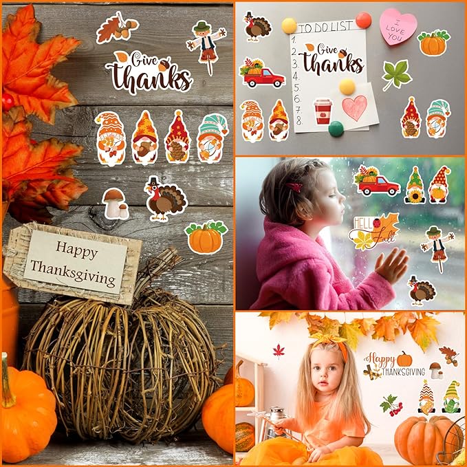 Ferraycle 21 Pcs Thanksgiving Fall Window Gel Clings Autumn Window Gel Clings Turkey Pumpkin Gnome Scarecrow Maple Leaves Decor Stickers Decals for Classroom Harvest Party Decor