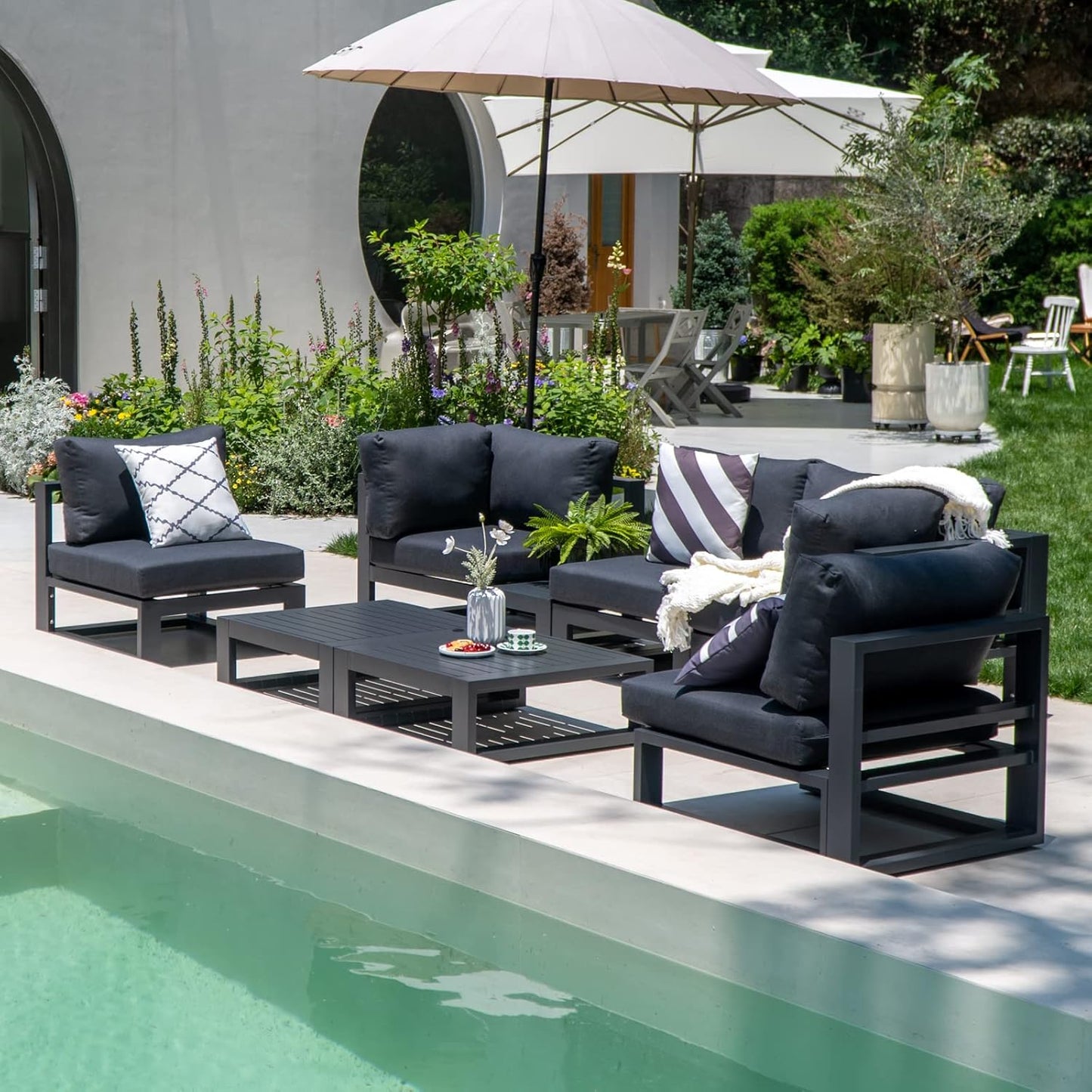 6 Pieces Outdoor Modular Sectional Set Aluminum Patio Conversation Sofa Sets with Armless Sofas, Square Coffee Table, Dark Grey Cushions