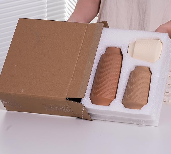 Ceramic Vase Set of 3, Modern Multicolor Pattern Flower Vases for Home Decor, Office, Centerpieces, Boho Farmhouse Style (Khaki/Brown/Beige)