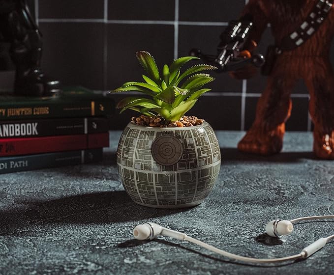 Toynk Star Wars Death Star 3-Inch Ceramic Planter with Artificial Succulent | Cute Small Flower Pot, Faux Indoor Plants