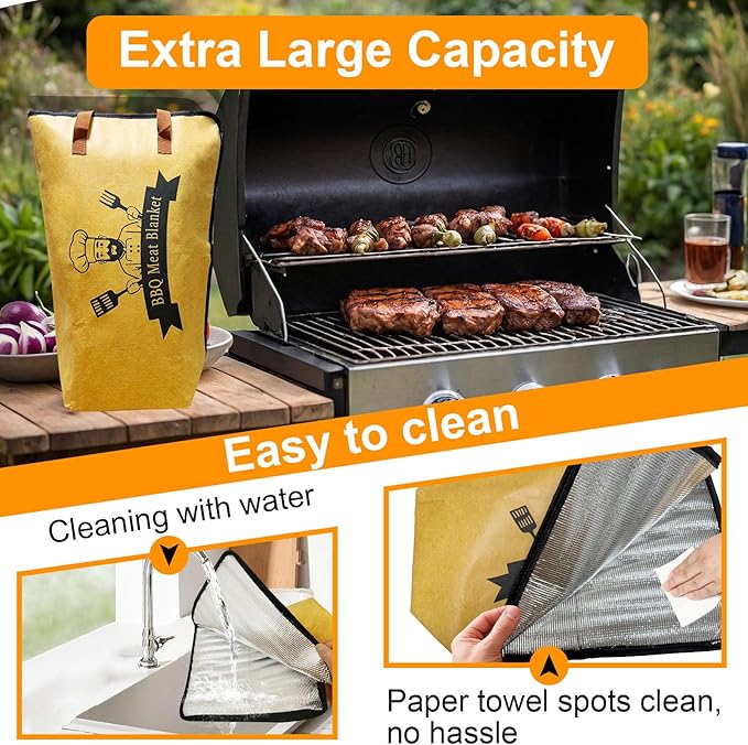 Thickened Insulation BBQ Blanket - Meat Resting Blanket, Locks in Juices, Wide Opening Design, Reusable for Large Brisket, Pork Shoulder, Turkey, Easy Clean, Portable - BBQTools,Gift Accessories