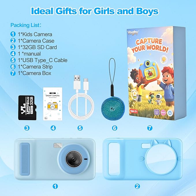 AI Digital Camera for Kids with WiFi for Christmas Birthday Gift for Girls Boys,Touch Screen HD Camera for Home Travel Garden,Kids Toys for 4 5 6 7 8 9 10 11 12 with 32GB SD Card Blue