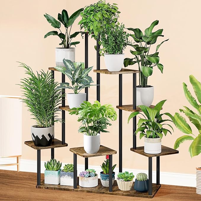 9 Tier Wood Tall Plant Stand Metal Rack Indoor, Multiple Flower Pot Holder Shelves Corner Rack, Planter Shelf Display Rack Storage Organizer for Patio Living Room Balcony Garden(Black)