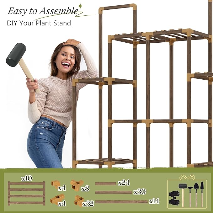 EnHomee Tiered Plant Stand Indoor Outdoor Wood Plant Shelf with 10 Potted & Double Rod Large Plants Holder Load-Bearing 440 LBS Plants Shelves Table 44.8''W*11.6''D*47''H