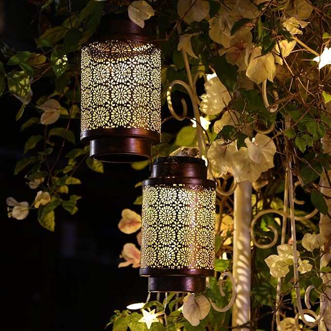 2 Pack Solar Lanterns Outdoor Waterproof, Hanging Led Lantern Garden Decorative, Metal Decorative Garden Lights, Solar Outdoor Lights Decor for Table Patio Garden Yard Pathway, Bronze, T00012