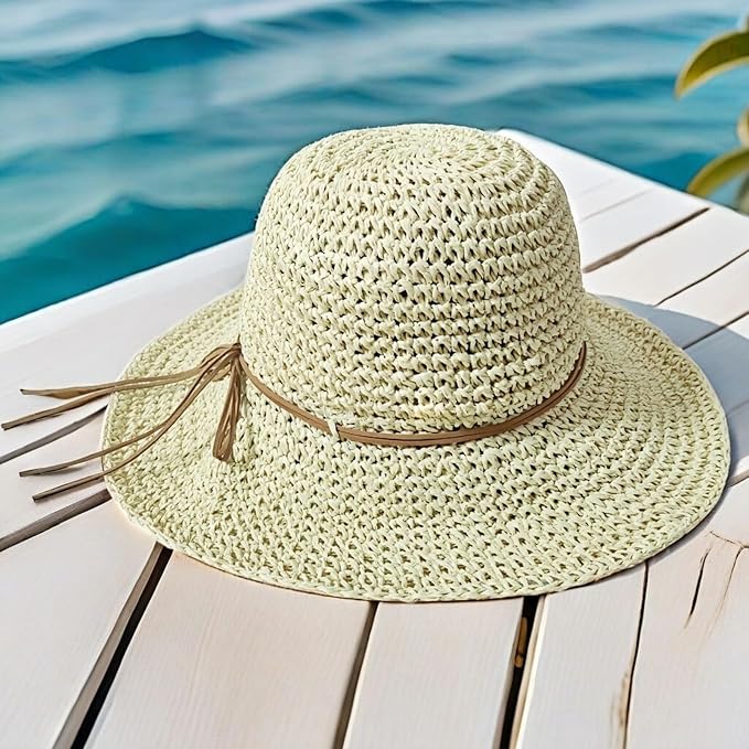 Womens Straw Beach Sun Hats, Foldable Packable Floppy Handmade Crochet Hats for Women,Large Summer Vacation Wide Brim Hat