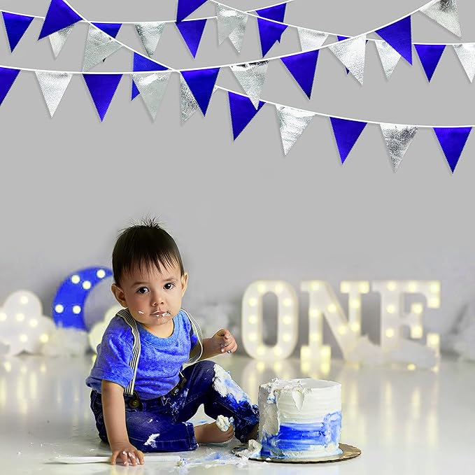 Royal Blue Silver Party Decorations Navy Blue Triangle Pennant Banner Flag Metallic Fabric Bunting Garland for Birthday Graduation Wedding Retirement Nautical Ahoy Achor Pirate Theme Party Supplies
