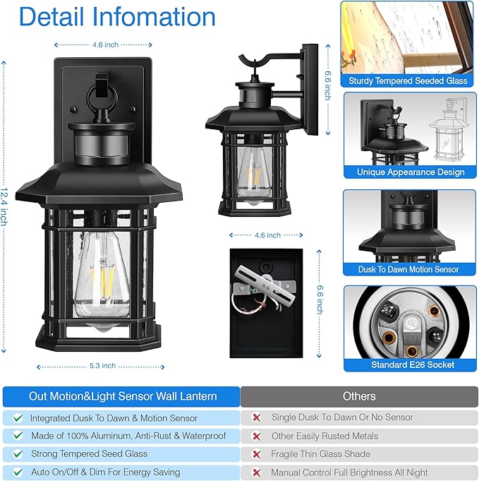 Outdoor Light Fixture With Motion Sensor, Dusk To Dawn Modern Exterior Porch Lights Wall Mount, Anti-rust 100% Aluminum Outdoor Wall Lantern, Black Farmhouse outdoor wall light For Garage Backyard