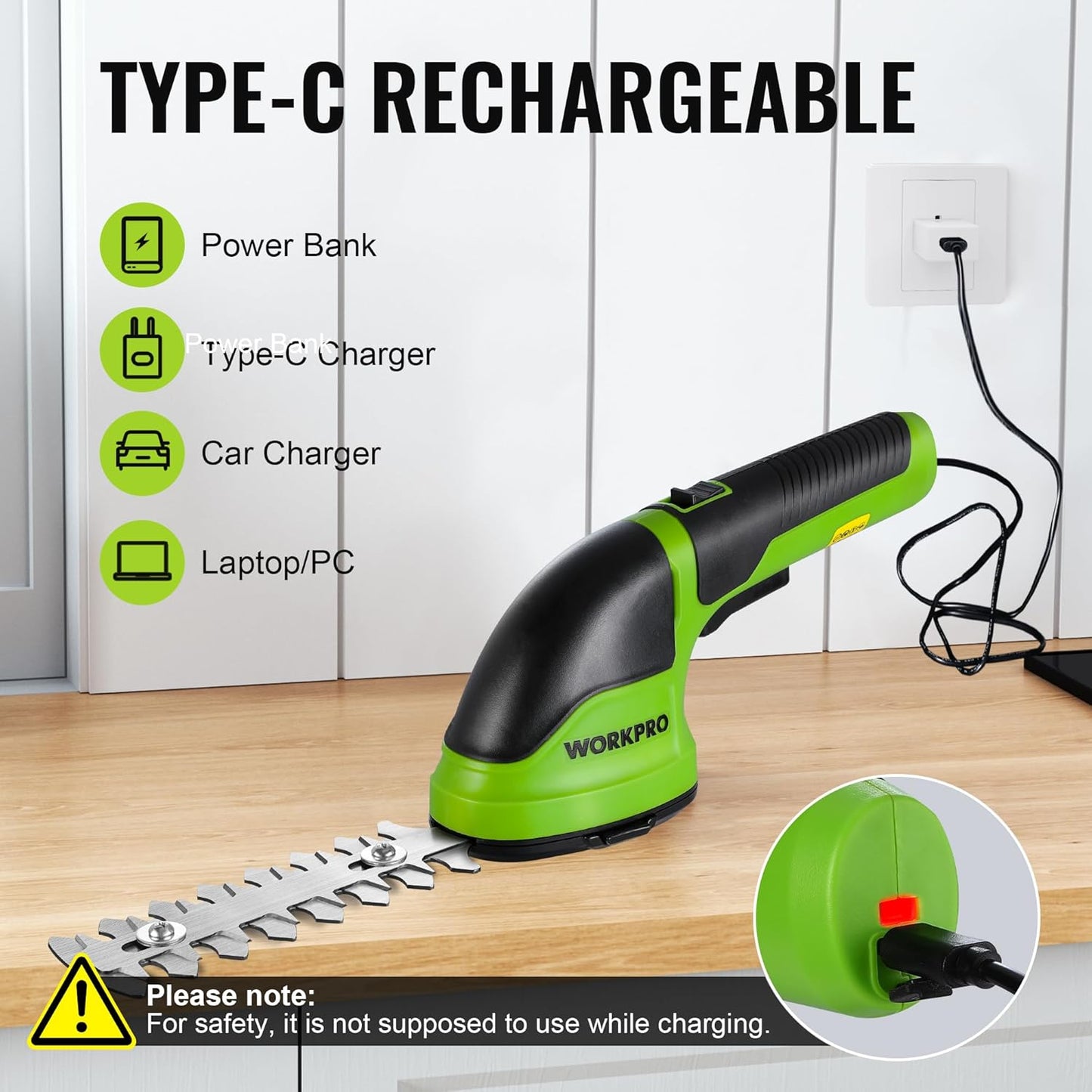 WORKPRO Cordless Grass Shear & Shrubbery Trimmer - 2 in 1 Handheld Hedge Trimmer Electric Grass Trimmer Hedge Shears/Grass Cutter Rechargeable Lithium-Ion Battery and Type-C Cable Included (Green)