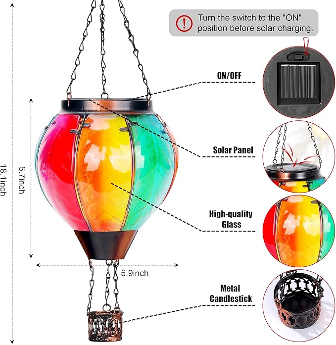 2 Pack Solar Hot Air Balloon Lantern with Flame, Hot Air Balloon Christmas Halloween Outdoor Decorations for Garden Yard Porch Decor, Large Hanging Outdoor Decor, Glass Solar Lantern Waterproof