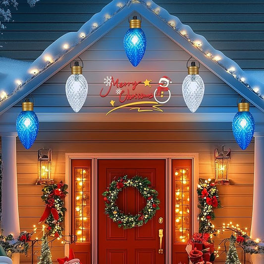 11Feet 5 LED Super Jumbo Christmas String Lights or Pathway Marker Lights, Outdoor Xmas Decorations- Jumbo C9 Hanging Lights Waterproof Lawn Dec for Holiday Home Tree Roof Yard Garden, Blue & White