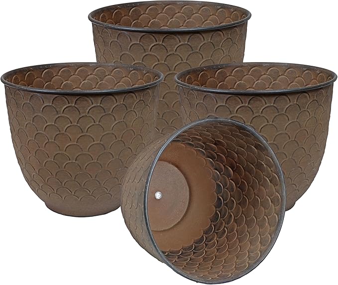 Sunnydaze Dinah 12.5" Metal Outdoor Plant Pot Set with Drainage Holes and Rubber Plugs - Matte Brown - Set of 4