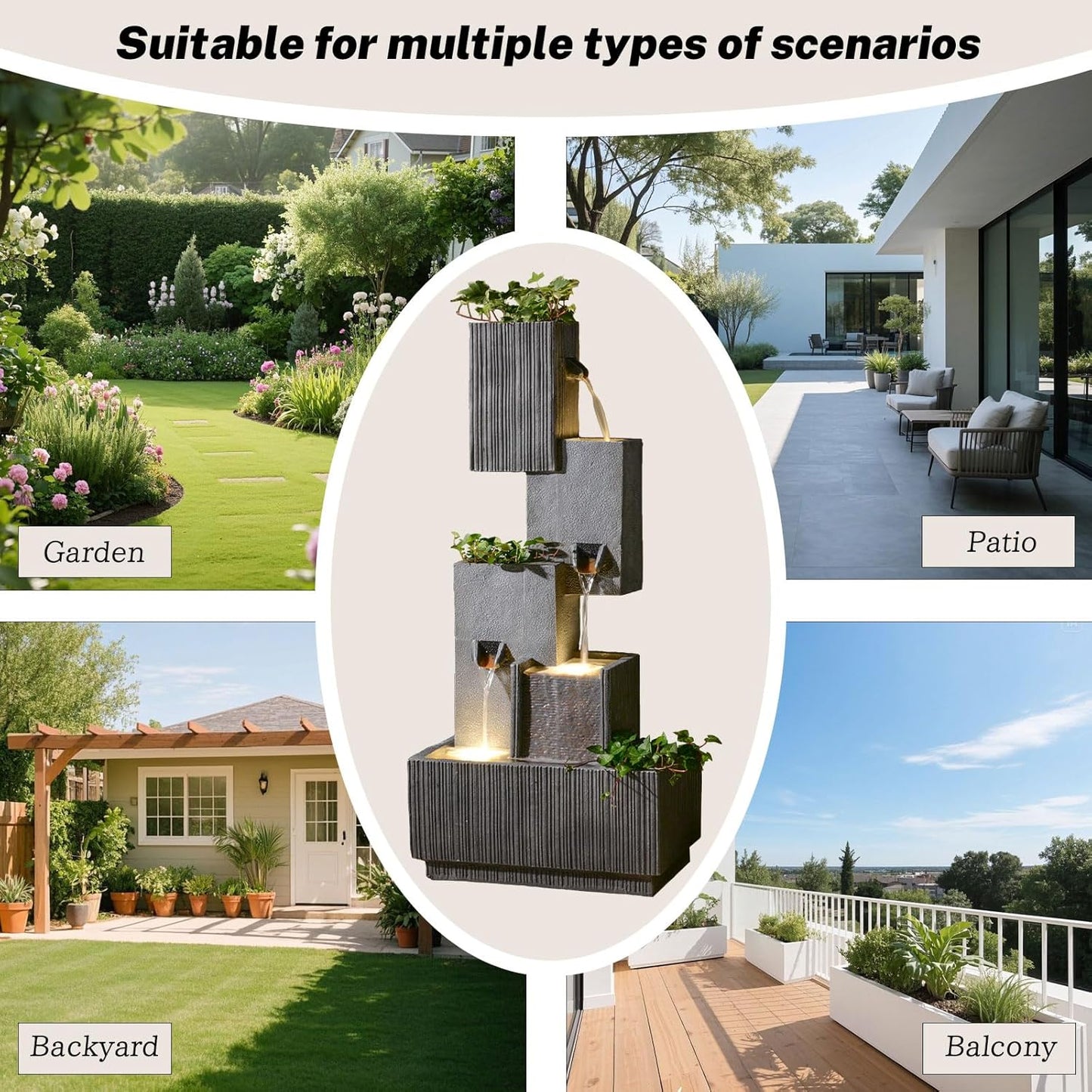 Outdoor Waterfall Fountain with LED Lights – 41.3" Tiered Resin Garden Fountain for Patio, Yard, or Backyard – Weather-Resistant Design Modern Decor