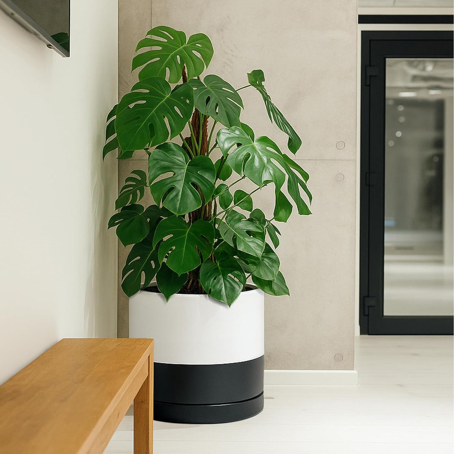 D'vine Dev 14 Inch Ceramic Planter Pot with Drainage Hole and Saucer, Indoor Cylinder Round Planter Pot, Layered Monochrome Black & White, 94-O-G-L