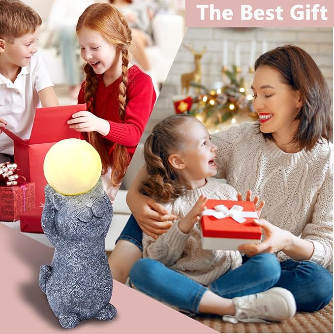 Solar Garden Decor Cat Moon Outdoor Statue and Figurine Lights, Outdoor Patio Sculpture Decor LED Light Gifts for Mom or Daughter, Garden Statues Birthday Gifts for Women Home and Yard with Solar Lamp