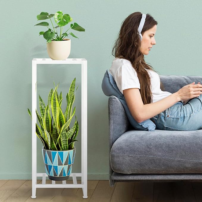 Plant Stand Indoor Outdoor, Wrought Iron Pedestal Stands 2 Tier Heavy Duty Metal Plant Stand Decorative Flower Stand for Patio Garden Deck Living Room, White