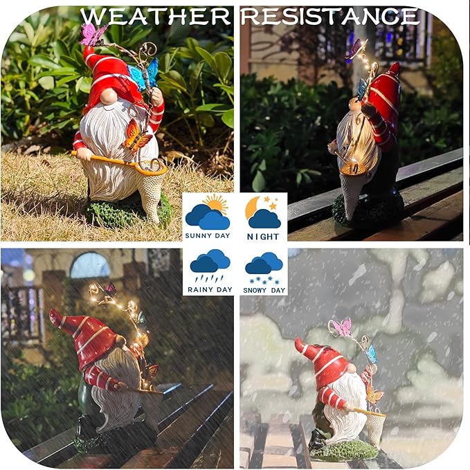 Solar Powered Gnome Garden Statue with Iron Butterflies - LED Lighted Garden Decorations, Resin Gnome with Butterfly Net, Gifts for Women and Men,Outdoor Decor Ornaments for Outside
