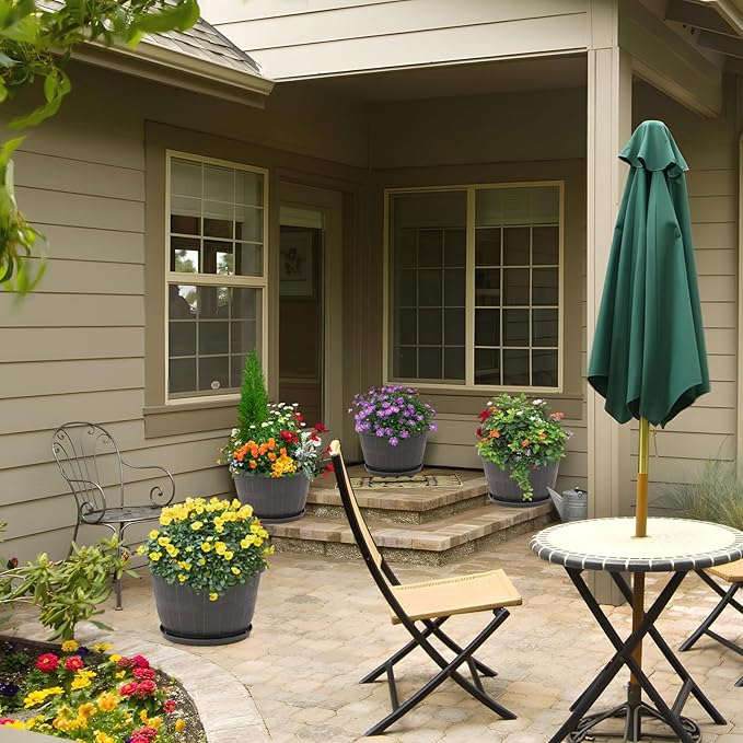 Quarut 12 Inch Large Planter Pot for Plants Indoor Outdoor, 4 Pack Plastic Flower Pots with Drainage Hole & Tray, Modern Decorative Garden Pot with Saucer, Plant Container for House(Brown)