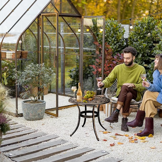 Outvita Patio Side Table, 23.6in Outdoor Round Cast Aluminum Bistro Table with Umbrella Hole and Antique Design for Backyard Porch Pool Balcony Deck Bronze