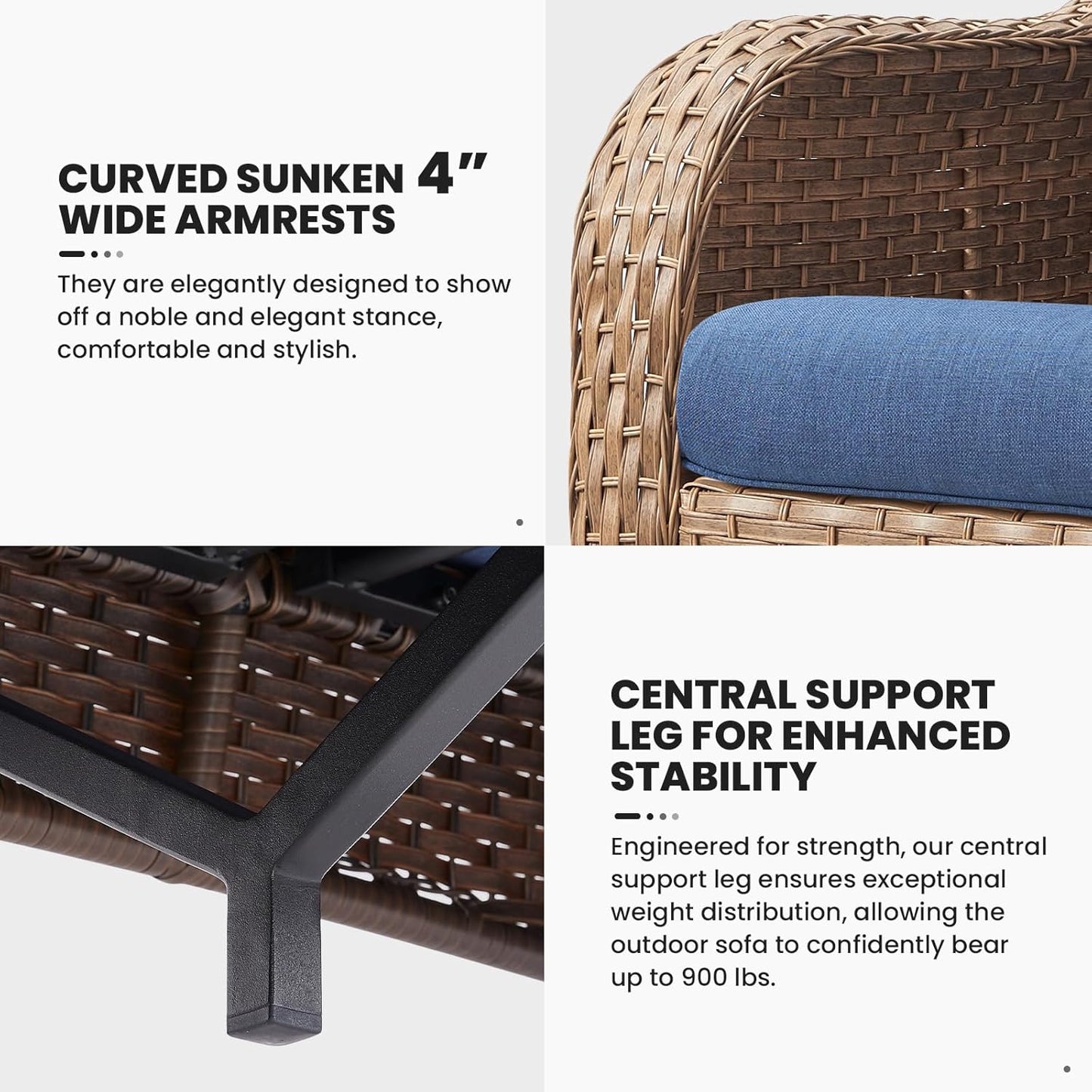 Outdoor Couch Wicker Patio Sofa - 75Inch Rattan Sofa with Hight Backrest Wide Armrest, All Weather Outdoor 3 Seater Seating Wicker Couch for Balcony Proch Deck Backyard Yellow/Blue