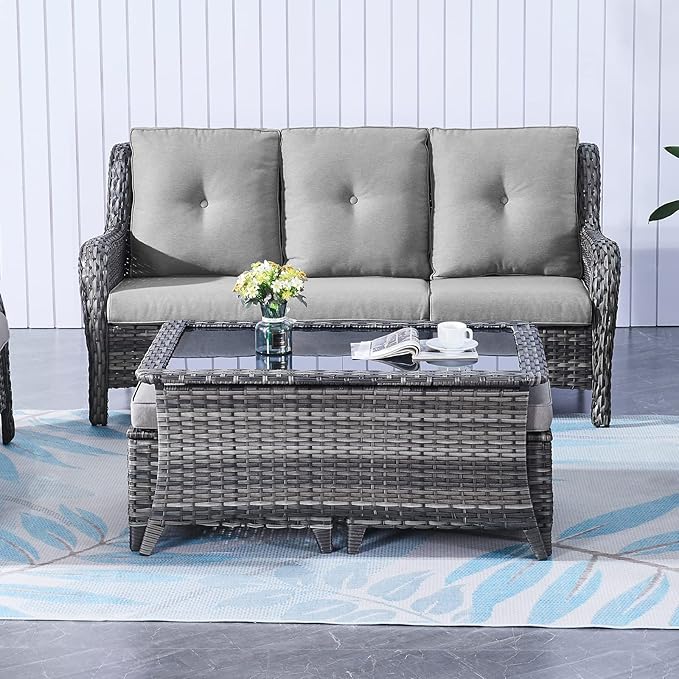 Wicker Outdoor Furniture Patio Furniture Set - 6 Piece Patio Conversation Set with Swivel Rocker Chairs, Rattan Sofa, Ottomans and Coffee Table, Gray Cushion