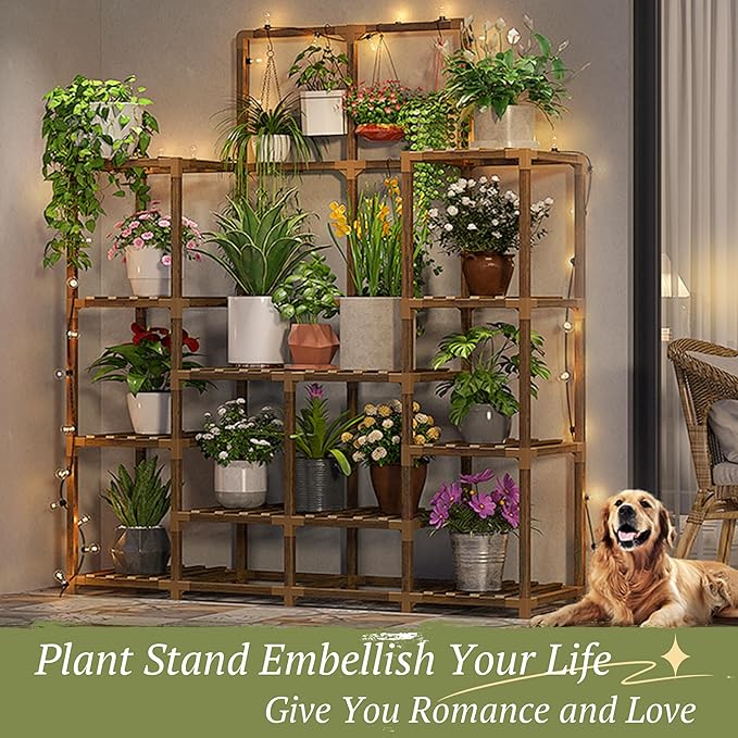EnHomee Large Plant Stand Indoor Outdoor Wood Tiered Plant Shelf for Multiple Plants 6 Tiers with 12 Potted Plants Holder Tables 44.9" W x 11.8" D x 62.2" H