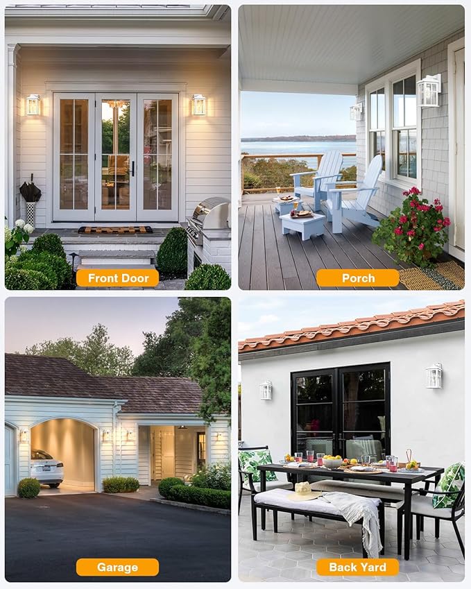 White Outdoor Wall Lights, Dusk to Dawn Exterior Lighting Fixtures, Waterproof Outside Lights for House, Garage, Garden, Entryway, Doorway, Anti-Rust, Modern Style, Tempered Glass