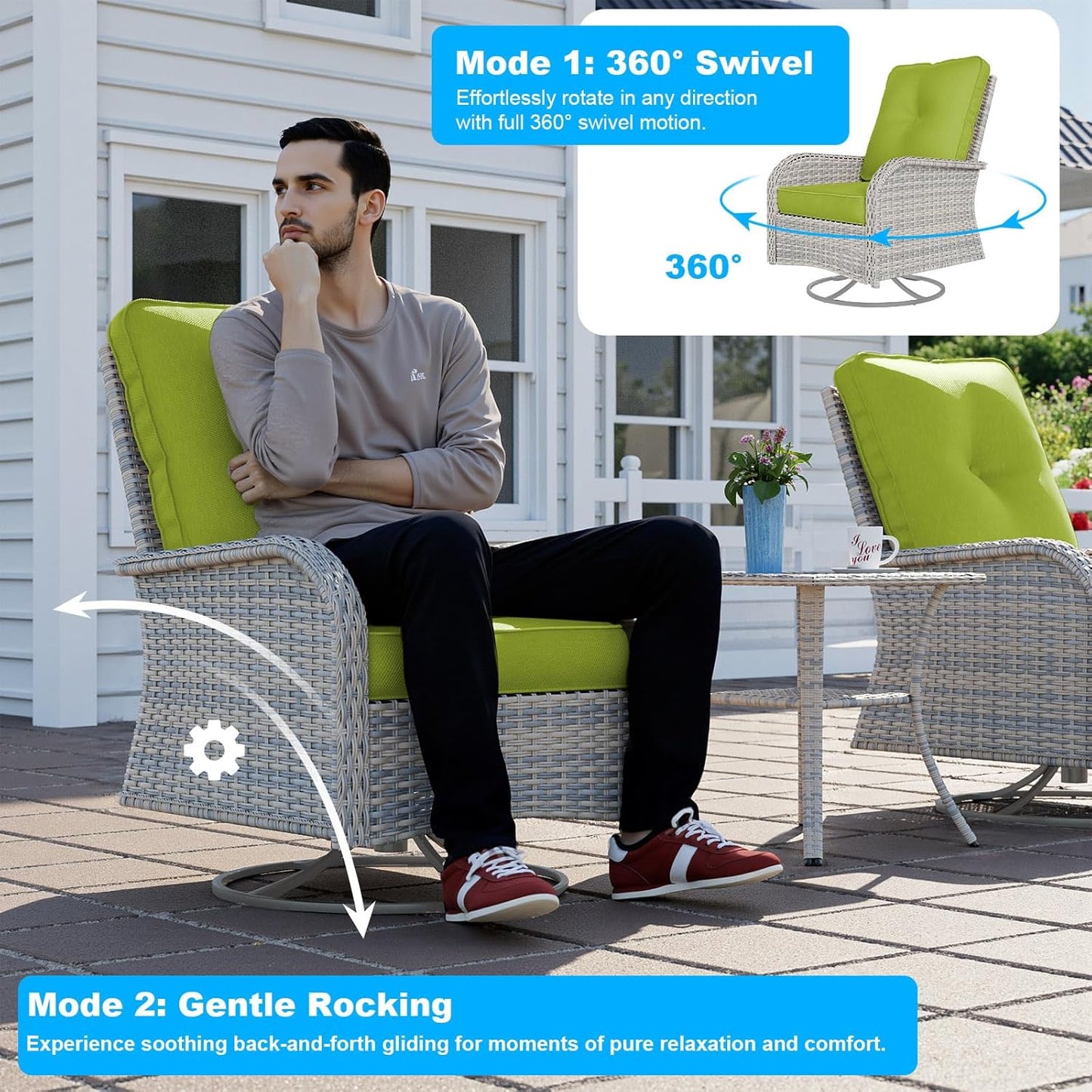 10-Piece Patio Furniture Set, Outdoor Patio Furniture with Swivel Chairs Set, Thick Cushions, Modular Patio Sofa, Dual-Strand Rattan, Rust-Resistant Frame, Grass Green