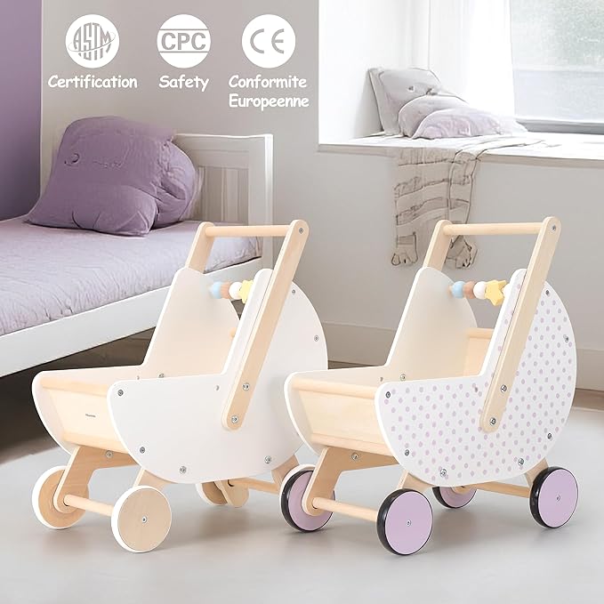 Wooden Baby Walker & Doll Stroller – Adjustable Handle Push Cart, Anti‑Tip, Quiet Wheels, Pretend Shopping Cart – Montessori Wooden Walker for Babies, Doll Stroller for Toddlers 12m+