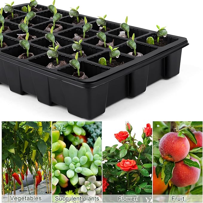 4 Pack 24-Cells Seed Starter Tray Kit Germination Tray with Humidity Dome and Base, Plant Growing Kit Germination Starter Including Peat Pellets, Plant Labels, Tool for Indoor Outdoor, Black